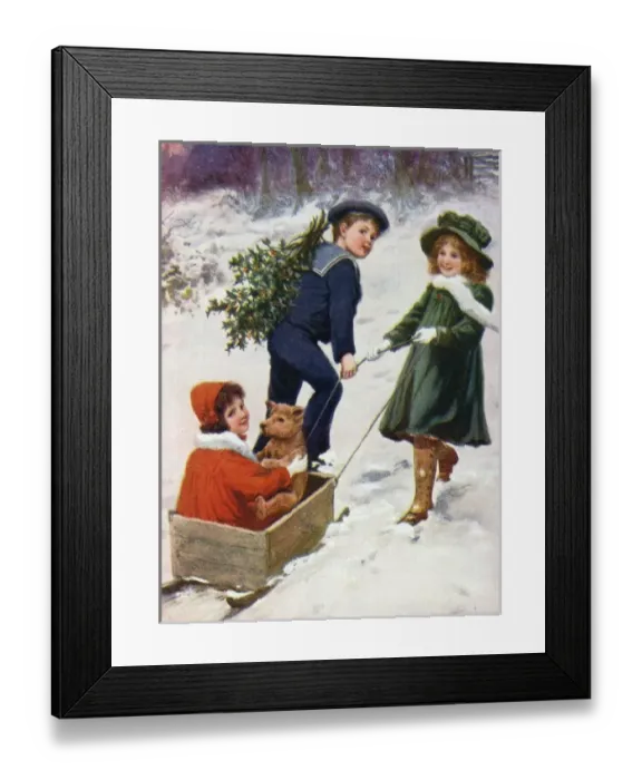 Framed Print : Children taking teddy for a ride across the snow Framed Print : Children taking teddy for a ride across the snow
