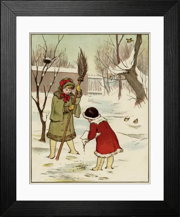 Framed Print : Girls Feed Birds Snow Framed Print : Girls Feed Birds Snow