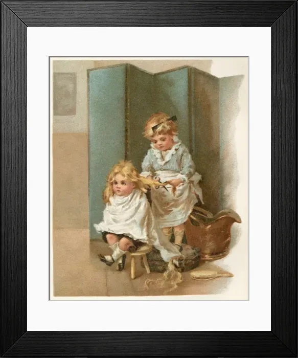 Framed Print : Girl Cuts Hair C1890 Framed Print : Girl Cuts Hair C1890