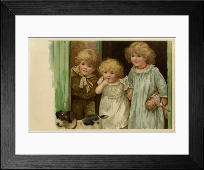 Framed Print : Three Children / Dog 1900 Framed Print : Three Children / Dog 1900
