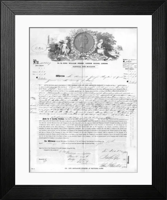 Framed Print : Insurance Policy 1858 Framed Print : Insurance Policy 1858