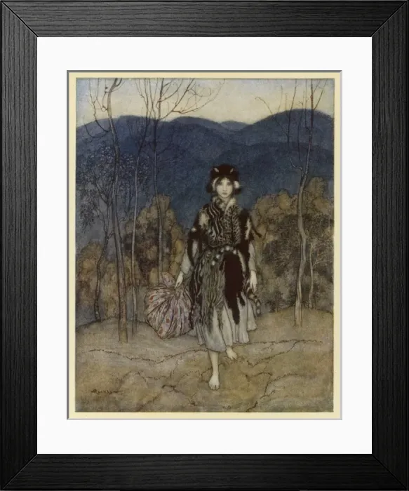 Framed Print : CATSKIN. Catskin walks barefoot through the woods, carrying her belongings with her Framed Print : CATSKIN. Catskin walks barefoot through the woods, carrying her belongings with her