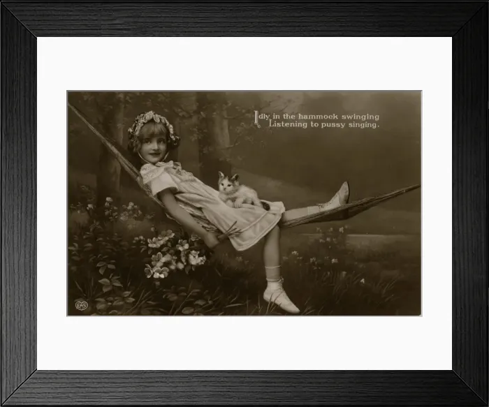 Framed Print : Girl and Cat in Hammock Framed Print : Girl and Cat in Hammock
