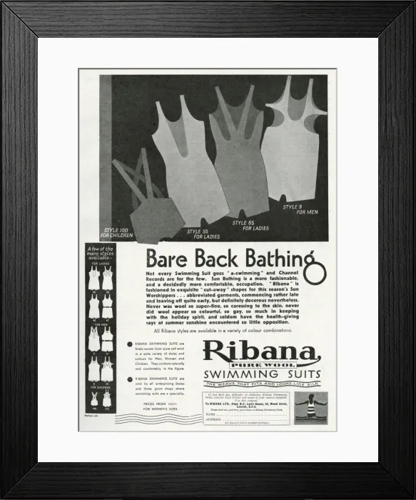 Framed Print : Advert for Ribana pure wool bathing suits 1931 Framed Print : Advert for Ribana pure wool bathing suits 1931
