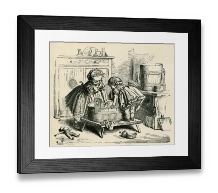 Framed Print : Washing dolls clothes in a tub Framed Print : Washing dolls clothes in a tub