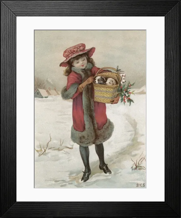 Framed Print : Girl / Basket of Puppies Framed Print : Girl / Basket of Puppies