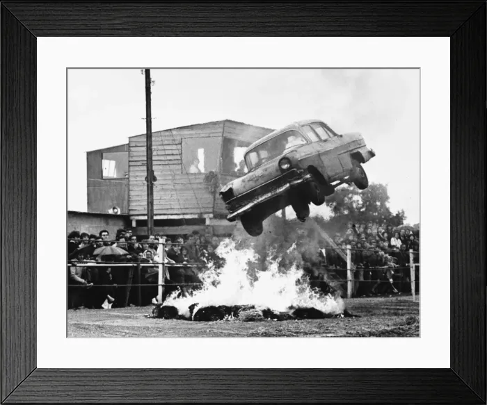 Framed Print : Stunt Car over Flames Framed Print : Stunt Car over Flames