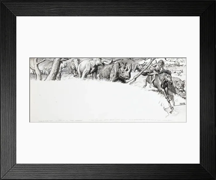 Framed Print : Boy on a horse with wild animals Framed Print : Boy on a horse with wild animals