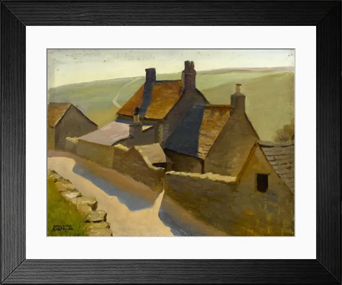 Framed Print : Country lane with farm buildings and fields Framed Print : Country lane with farm buildings and fields