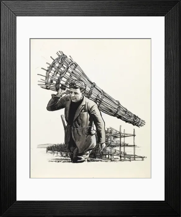 Framed Print : Man carrying an eel trap Framed Print : Man carrying an eel trap