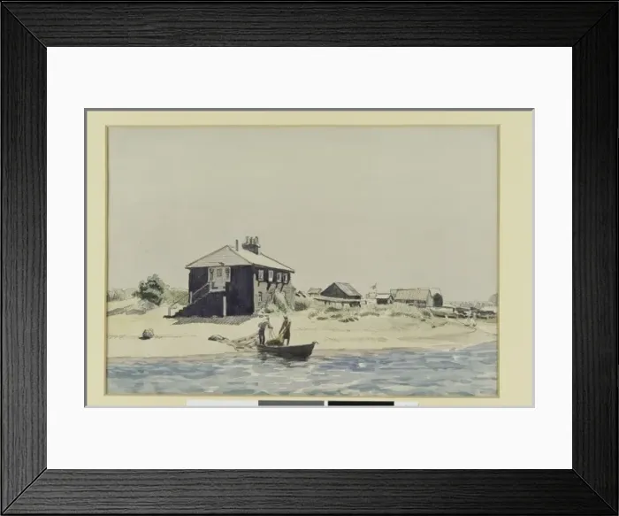 Framed Print : Watercolour sketch with fishermen, boat and net Framed Print : Watercolour sketch with fishermen, boat and net