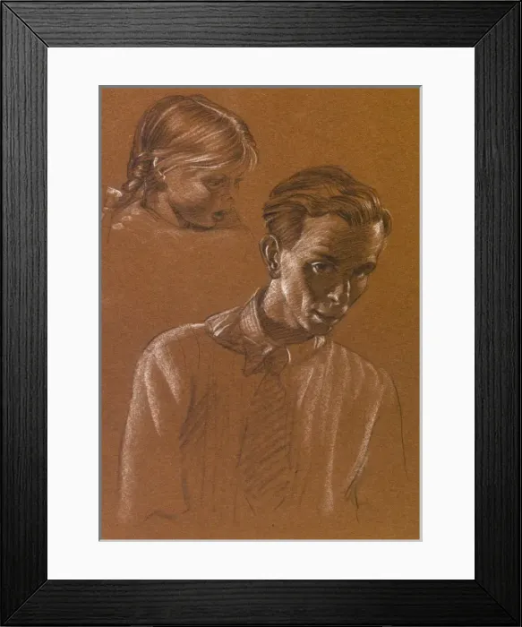 Framed Print : Sketch of a young girl with self-portrait Framed Print : Sketch of a young girl with self-portrait