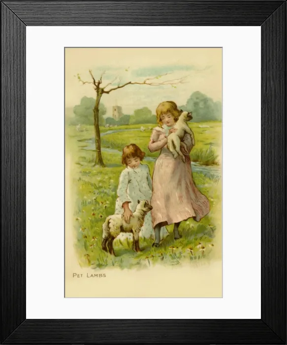 Framed Print : Two little girls with their pet lambs Framed Print : Two little girls with their pet lambs