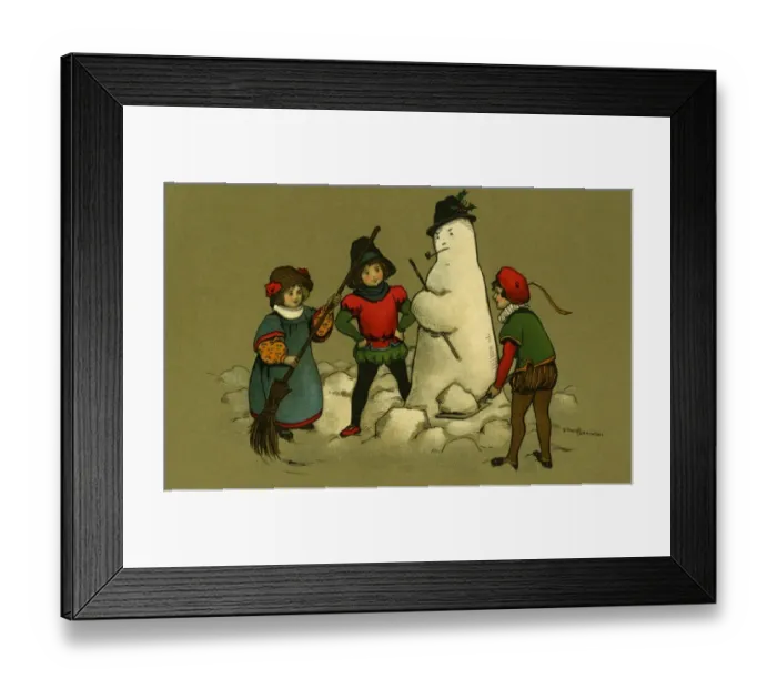 Framed Print : Three children with a snowman