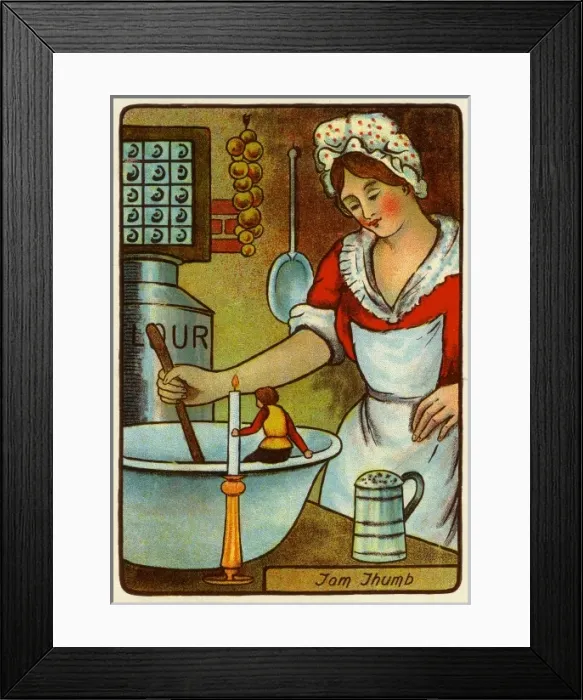 Framed Print : Tom Thumb sits on the edge of a mixing bowl.. 20th century Framed Print : Tom Thumb sits on the edge of a mixing bowl.. 20th century