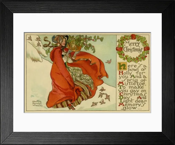 Framed Print : Merry Christmas -- woman with holly and mistletoe Framed Print : Merry Christmas -- woman with holly and mistletoe