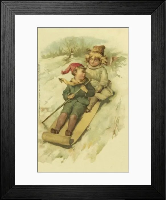 Framed Print : Two children on a sleigh in the snow Framed Print : Two children on a sleigh in the snow