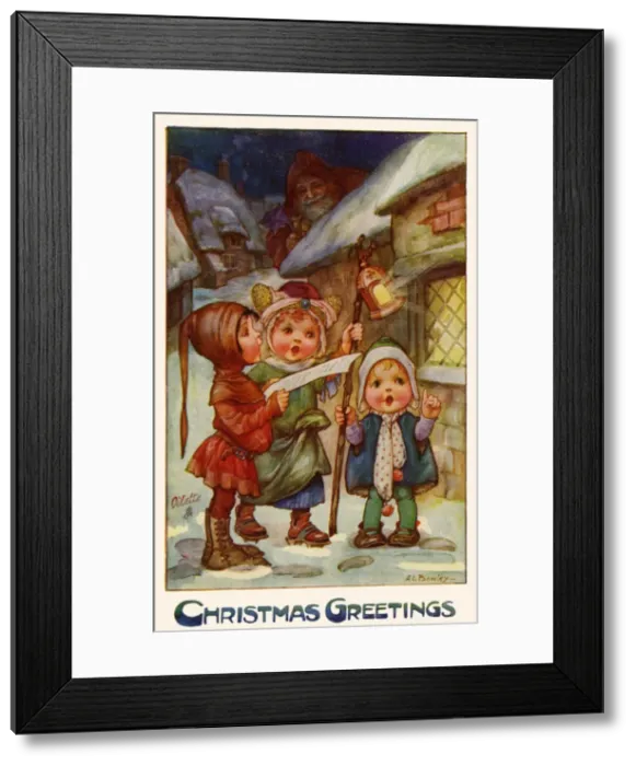 Framed Print : Three children singing Christmas carols Framed Print : Three children singing Christmas carols