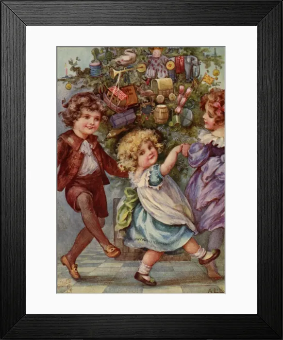 Framed Print : Three children dance round a Christmas tree Framed Print : Three children dance round a Christmas tree