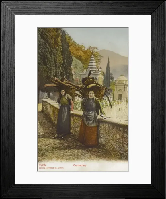 Framed Print : Switzerland - Two women carrying logs - Contadine Framed Print : Switzerland - Two women carrying logs - Contadine