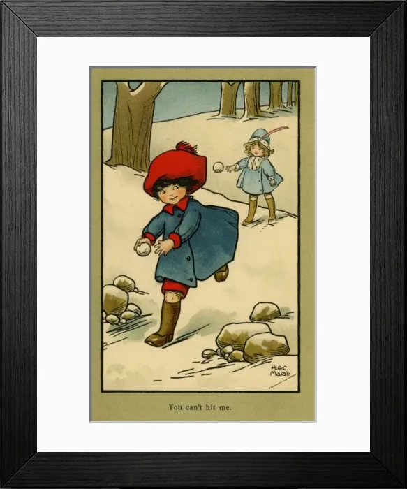 Framed Print : You can t hit me -- children snowballing Framed Print : You can t hit me -- children snowballing