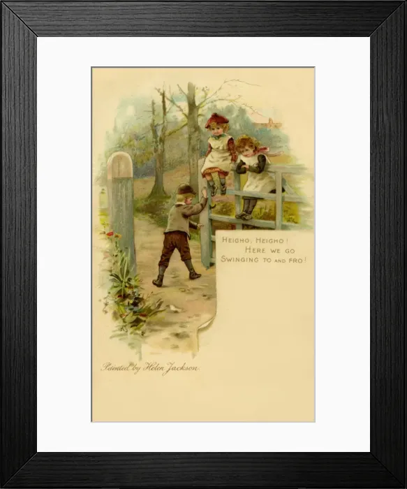 Framed Print : Heigho! -- children swinging on a gate