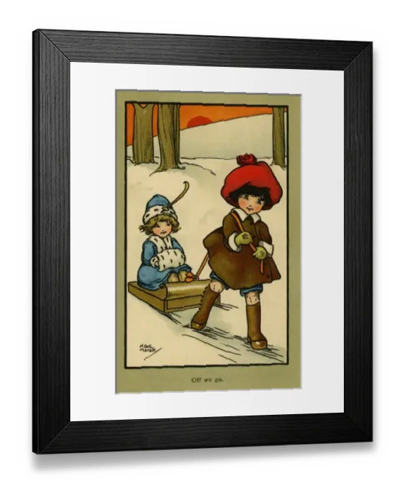 Framed Print : Off we go -- children with a sled Framed Print : Off we go -- children with a sled
