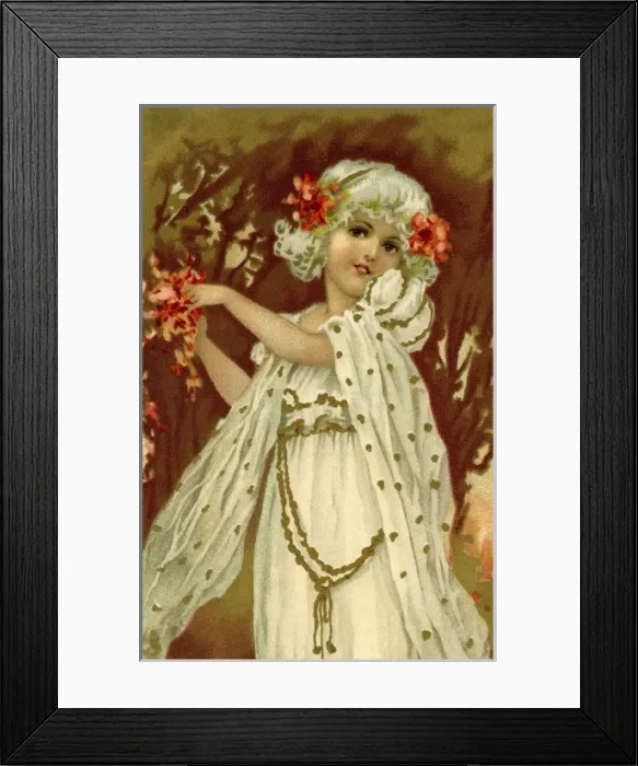 Framed Print : Girl in white and gold, with roses Framed Print : Girl in white and gold, with roses