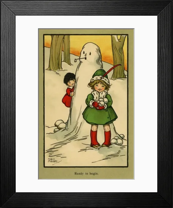 Framed Print : Ready to begin -- children with snowman and snowballs Framed Print : Ready to begin -- children with snowman and snowballs