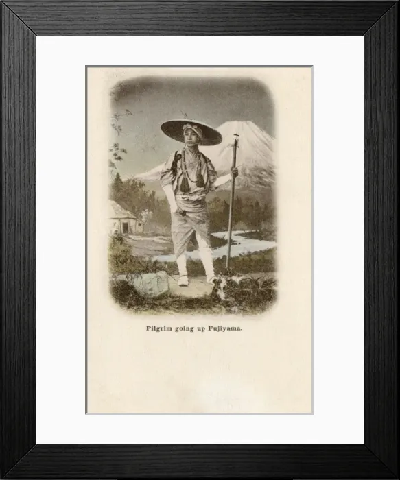 Framed Print : Shinto priest climbing Mount Fujiyama