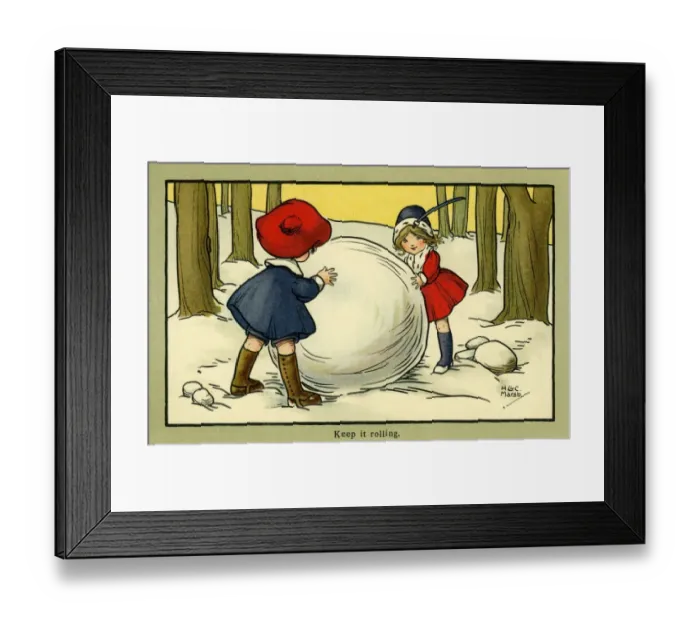 Framed Print : Keep it rolling -- children with a large snowball Framed Print : Keep it rolling -- children with a large snowball