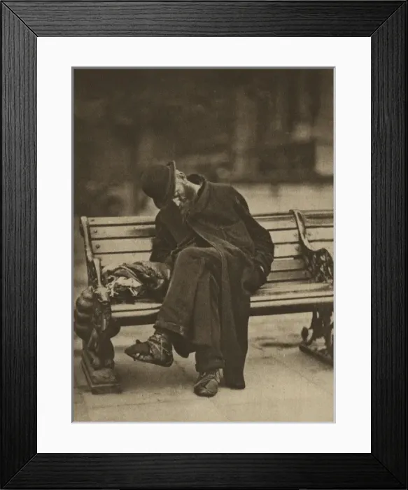 Framed Print : Tramp on Embankment in dressing gown Framed Print : Tramp on Embankment in dressing gown