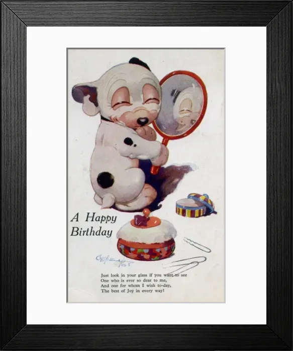 Framed Print : Bonzo looking in a hand mirror Framed Print : Bonzo looking in a hand mirror
