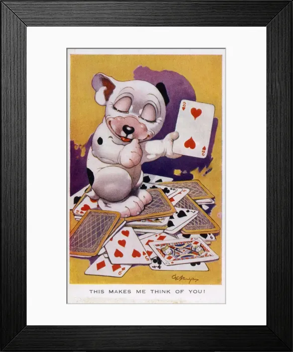Framed Print : Bonzo sitting in a pile of playing cards Framed Print : Bonzo sitting in a pile of playing cards