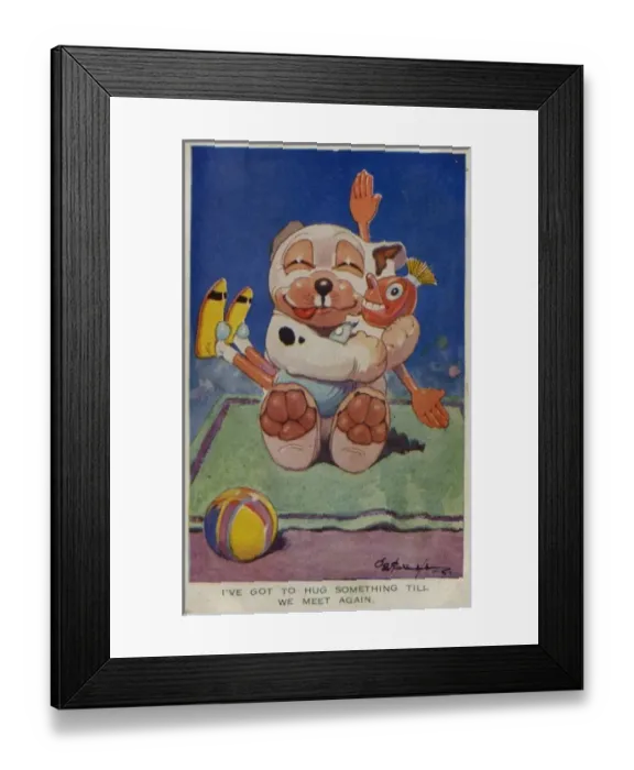 Framed Print : Bonzo hugging a wooden doll Framed Print : Bonzo hugging a wooden doll