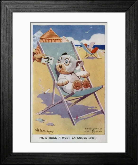 Framed Print : Bonzo sitting on a deckchair Framed Print : Bonzo sitting on a deckchair