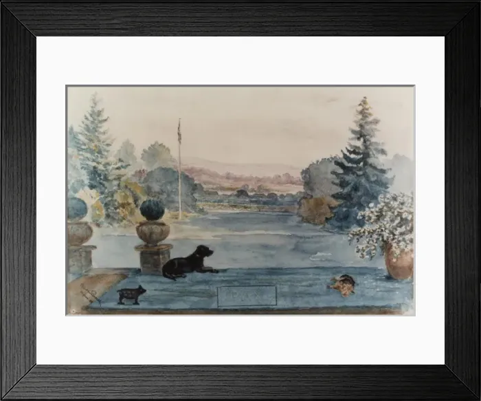 Framed Print : Pax. View of garden in evening with dogs. Inscription reads Pax.. 10 June 1938 Framed Print : Pax. View of garden in evening with dogs. Inscription reads Pax.. 10 June 1938