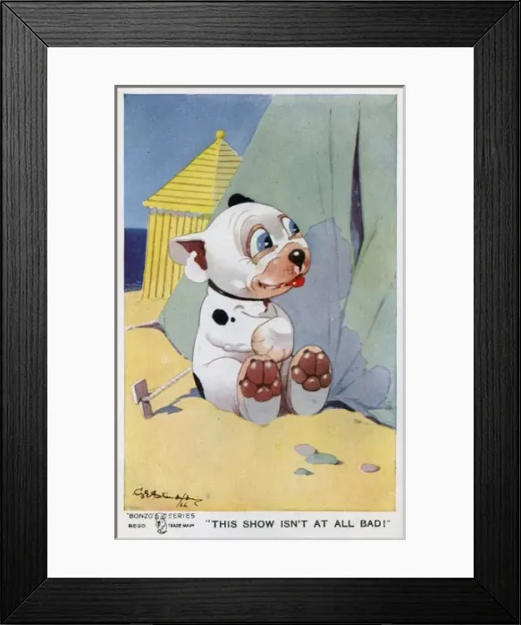 Framed Print : Bonzo sitting outside a tent on the beach Framed Print : Bonzo sitting outside a tent on the beach