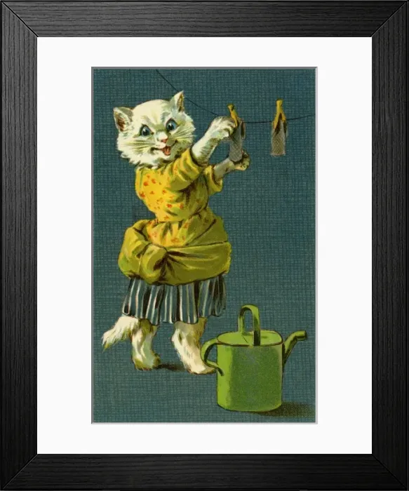 Framed Print : Cat hanging out washing by g h Thompson Framed Print : Cat hanging out washing by g h Thompson