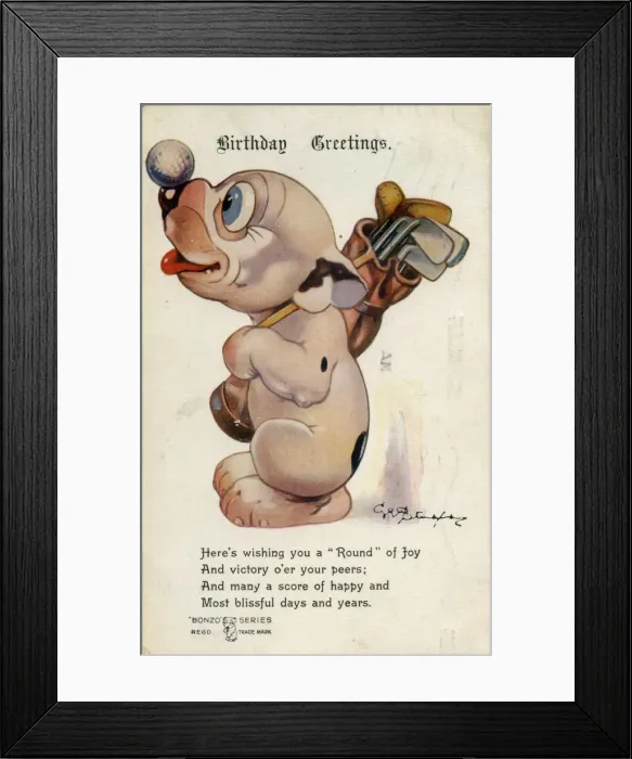 Framed Print : Bonzo with golf clubs and golf ball