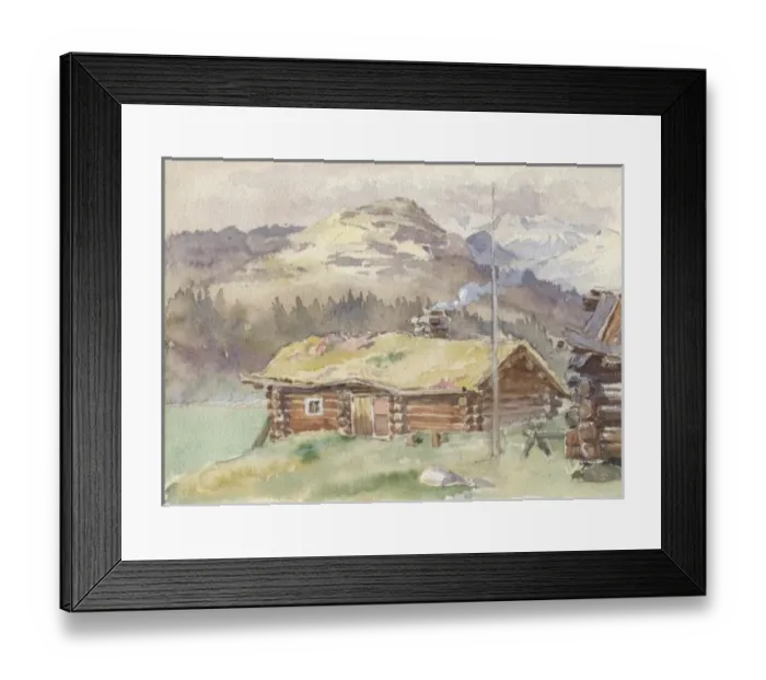 Framed Print : Norway. A log cabin sketched in Norway.. August 1912 Framed Print : Norway. A log cabin sketched in Norway.. August 1912