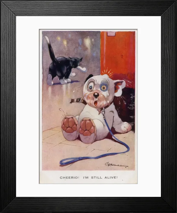 Framed Print : Bonzo sitting by a pillar box Framed Print : Bonzo sitting by a pillar box