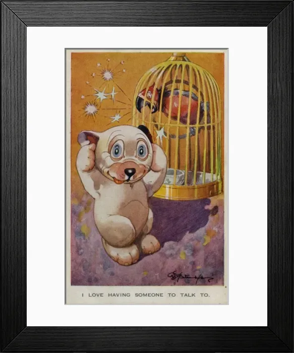 Framed Print : Bonzo being shouted at by a parrot Framed Print : Bonzo being shouted at by a parrot