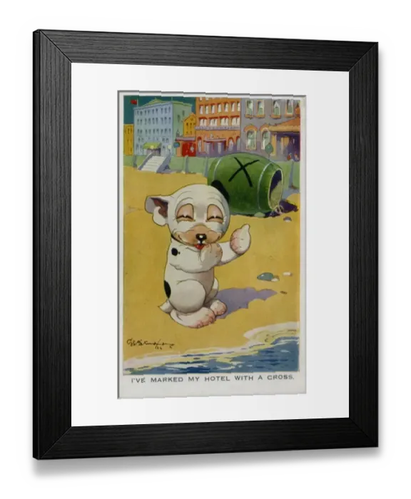 Framed Print : Bonzo on the beach next to a barrel Framed Print : Bonzo on the beach next to a barrel