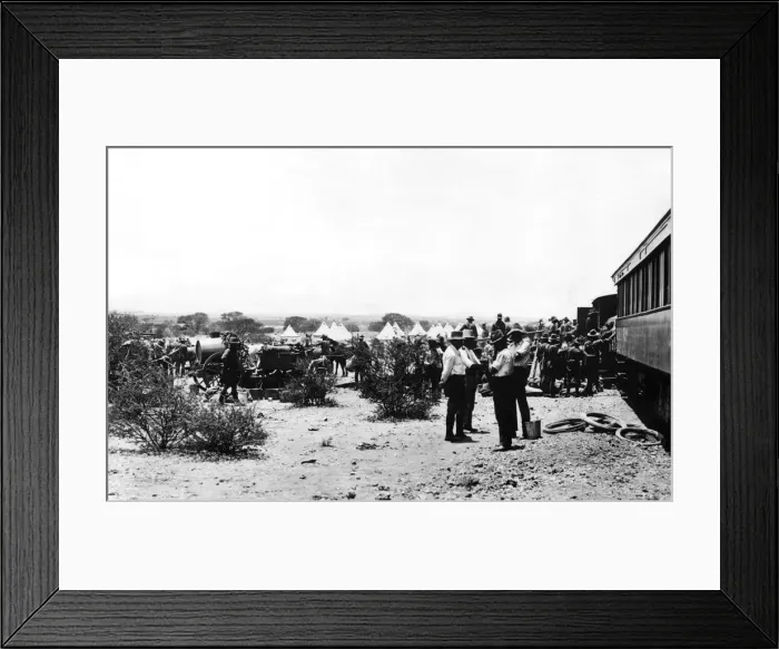 Framed Print : Troops at a railhead unloading supplies, South Africa, WW1 Framed Print : Troops at a railhead unloading supplies, South Africa, WW1