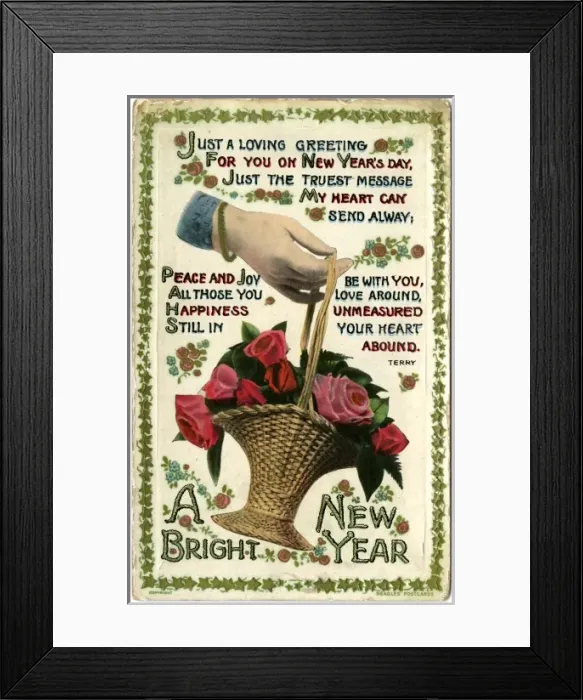 Framed Print : Basket of flowers on a New Year postcard Framed Print : Basket of flowers on a New Year postcard