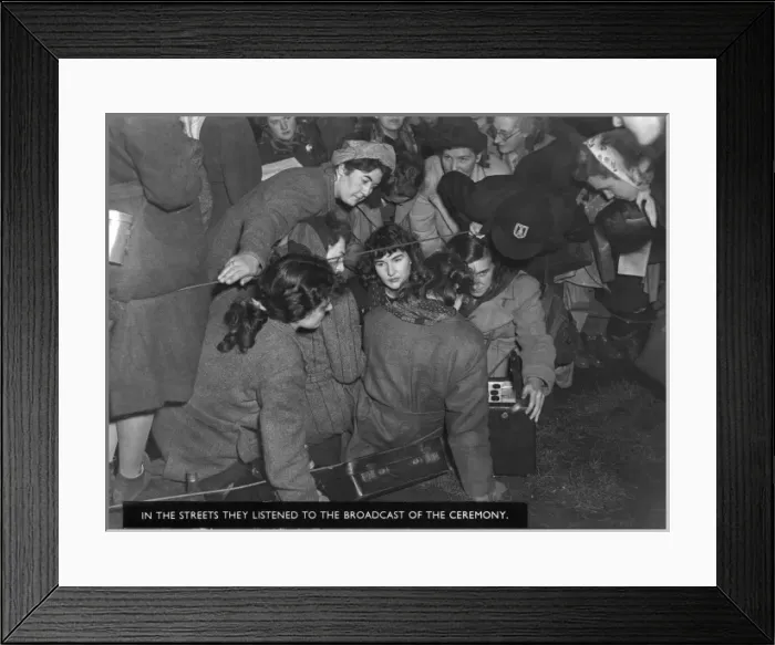 Framed Print : Listening to royal wedding ceremony broadcast, 1947 Framed Print : Listening to royal wedding ceremony broadcast, 1947