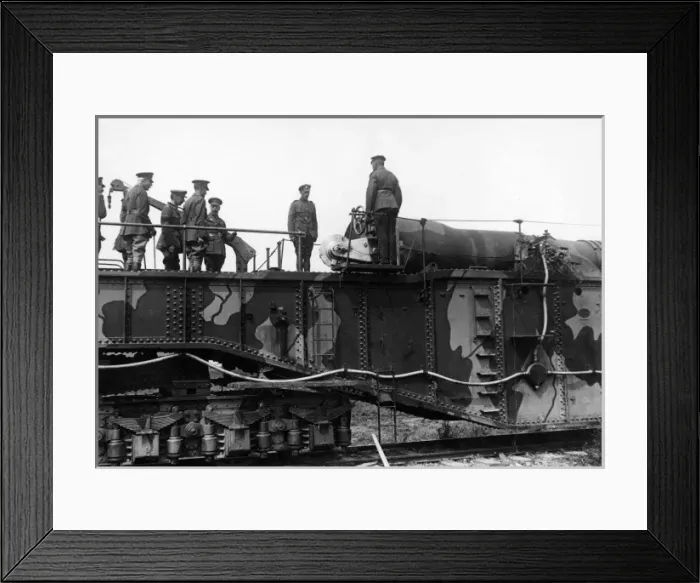 Framed Print : Large British gun inspected by George V and officers, WW1 Framed Print : Large British gun inspected by George V and officers, WW1