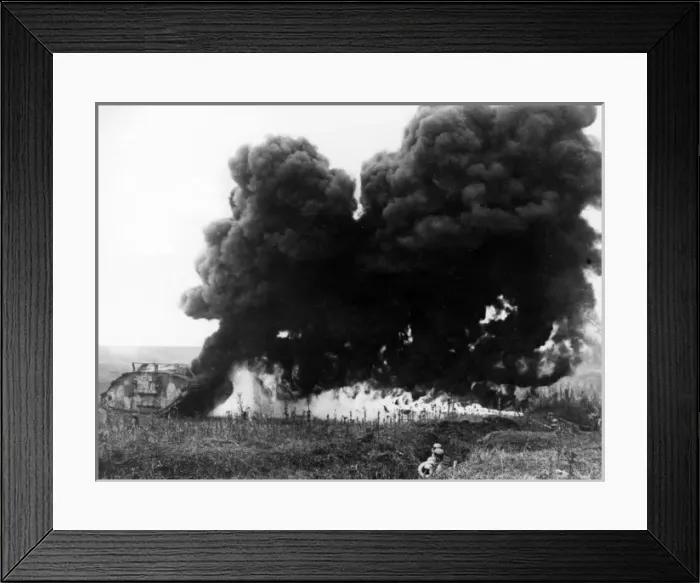 Framed Print : German flame throwers in action against British tank, WW1