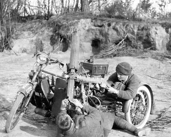Motorcycle Machine Gun Unit firing at aircraft, WW1